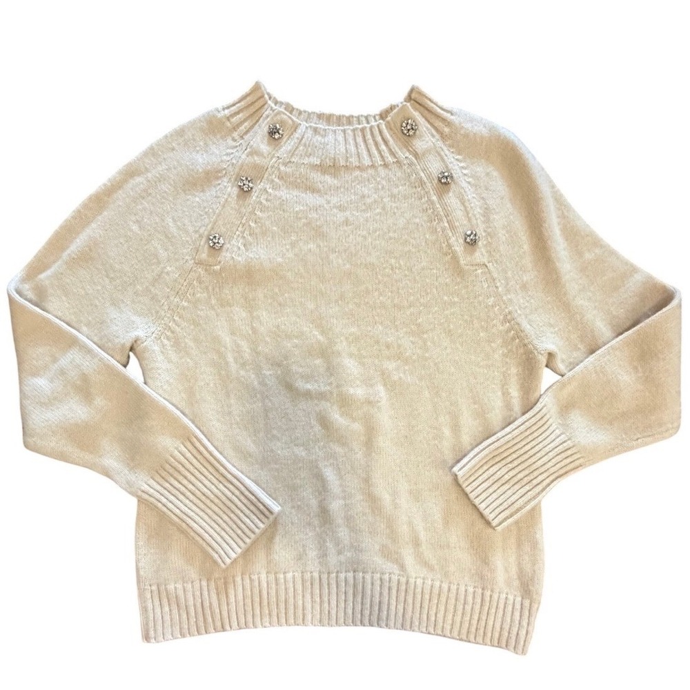 J.Crew Ivory Lambswool Blend Sweater Rhinestone Button Preppy Quiet Luxury L